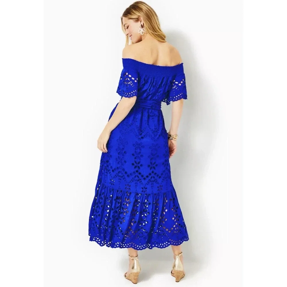 Lilly Pulitzer Isbell Off-The-Shoulder Eyelet Midi Dress Blue Grotto Soiree XS